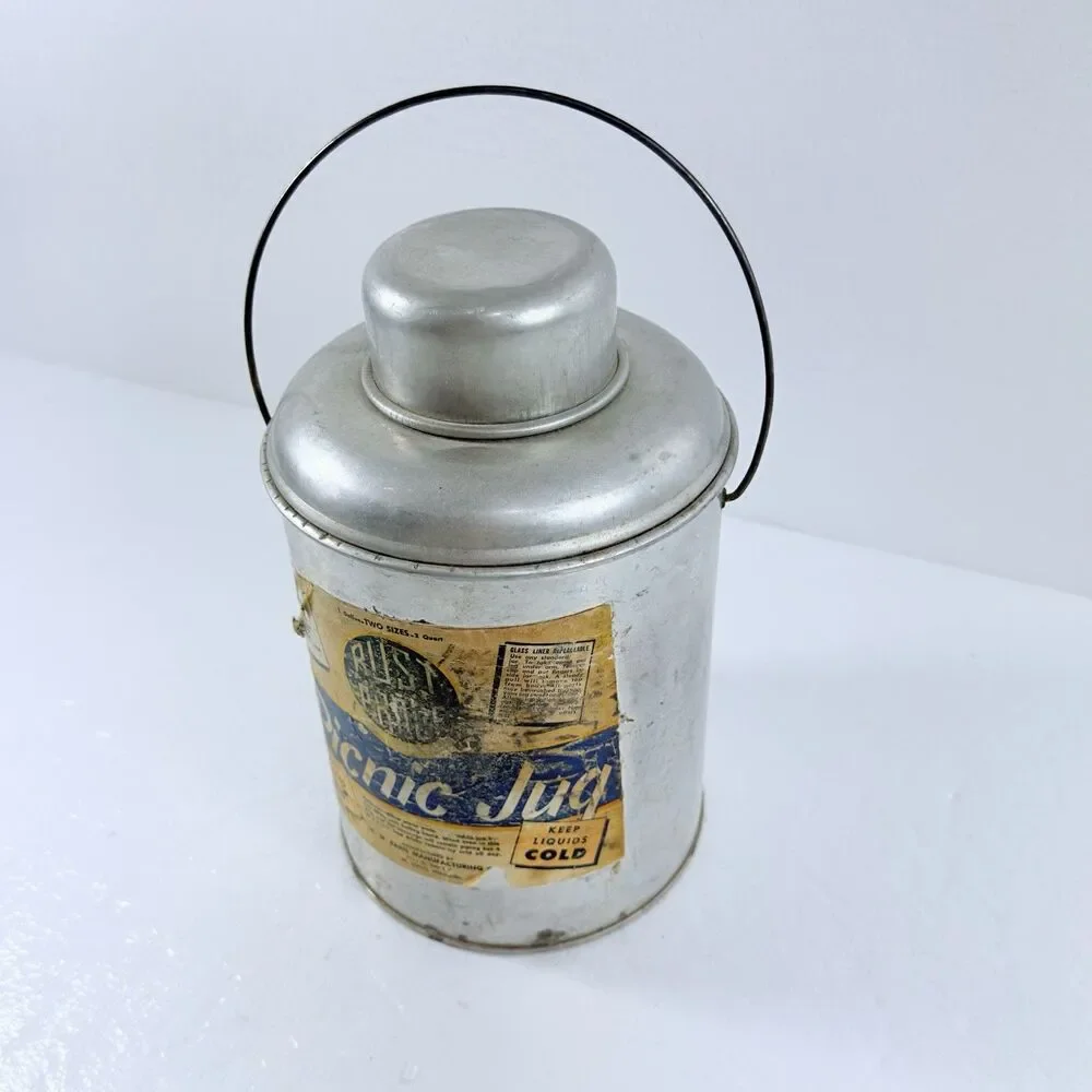 Vintage Faris Rust Proof Metal Picnic Jug Thermos W/ Drinking Cup & Handle 1960s